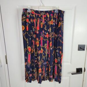 Vtg Alfred Dunner Pleated Midi Skirt Size 20 Navy Blue Gold Chain Medal Military